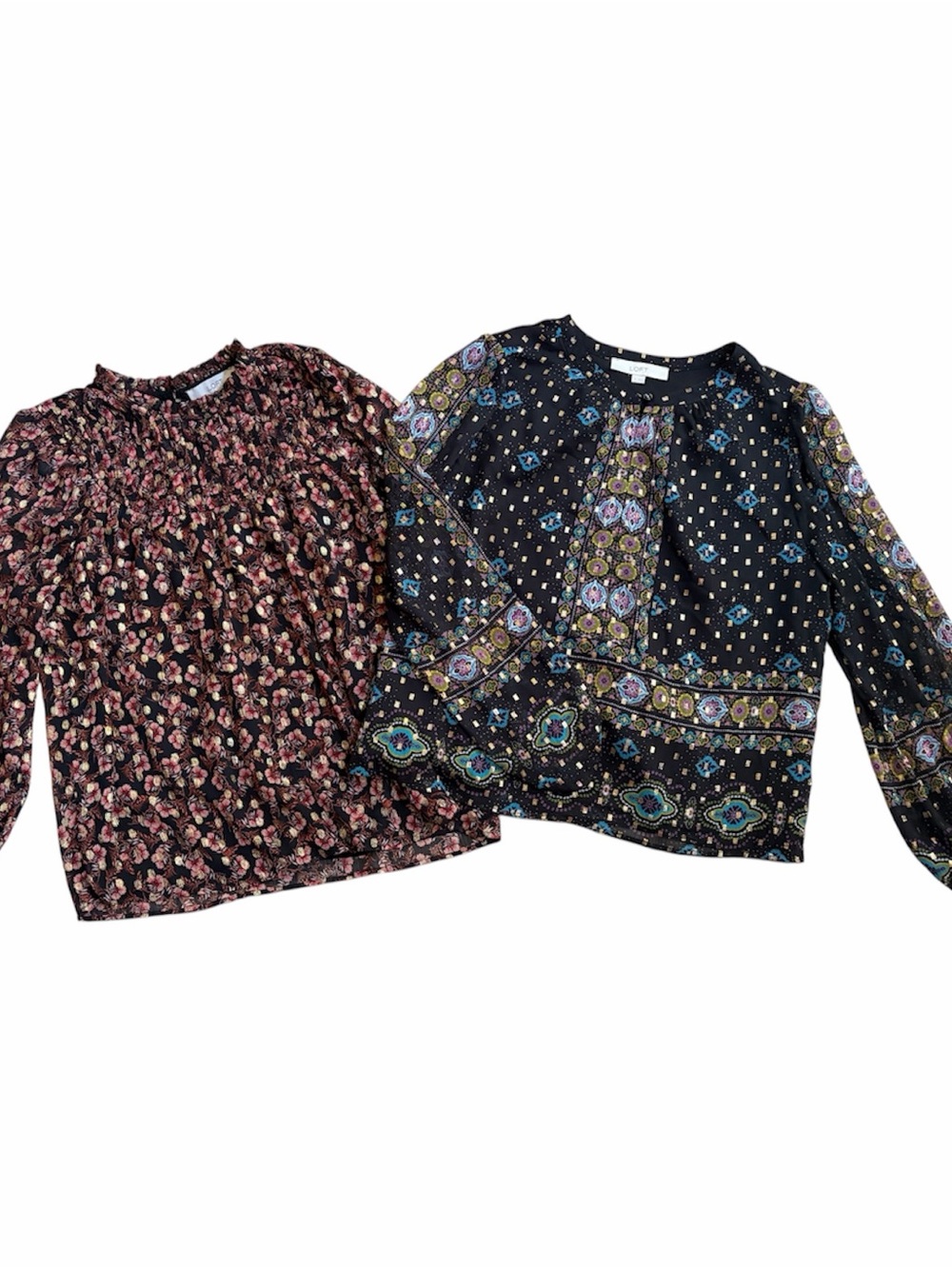 2 Lot Loft Medium Long Sleeve Blouses Fall Chocolate Brown Gold Foil Baroque